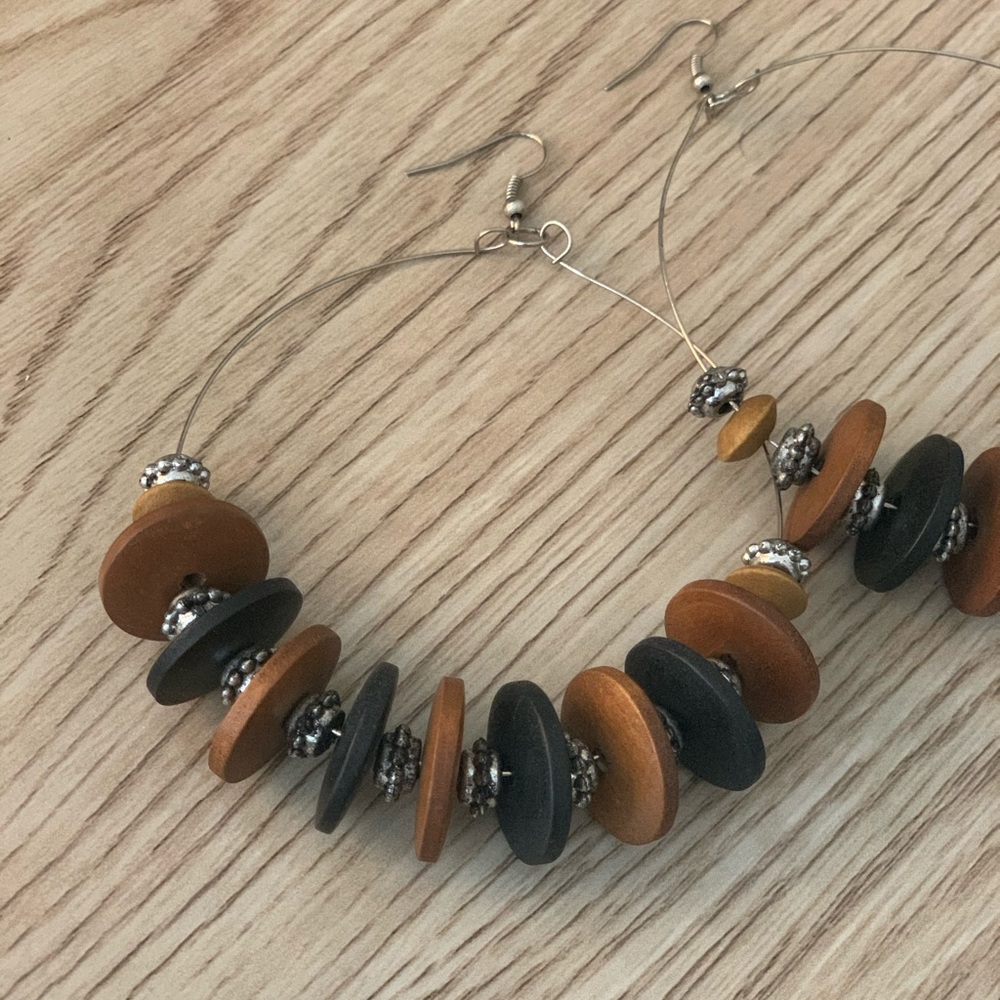 Large Statement Wood Disc Hoop Earrings - Picture 3 of 5
